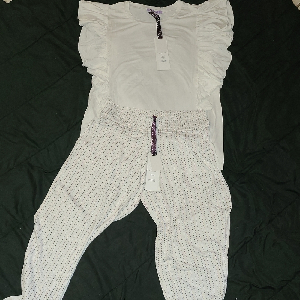 White Ruffle Sleeve Top and Patterned Pants Set